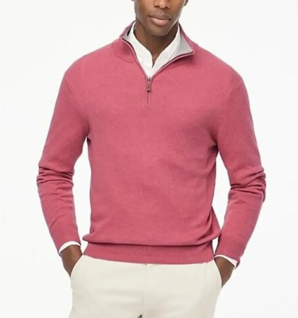 J.Crew Cotton Half Zip Sweater Mens M Pink Mock Neck Knitted Pullover Slim Fit